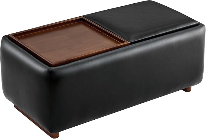 CHITA Storage Ottoman with Tray Lids, FSC Certified Small Rectangular Bench for Living Room, Bedroom, Faux Leather in Black (Light)
