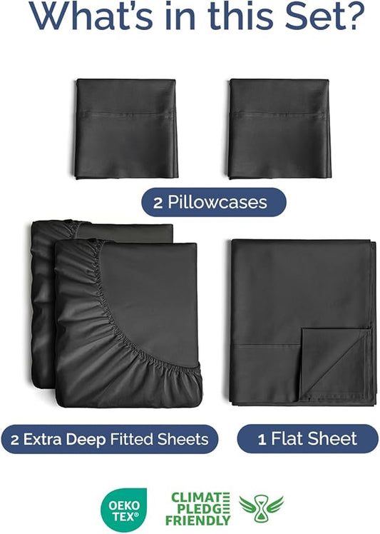Extra Deep Pocket Split King Sheets - 5 Piece Breathable & Cooling Bed Sheets - Hotel Luxury Bed Sheet Set - Soft, Wrinkle Free & Comfy - Easily Fits Extra Deep Mattresses - Deep Pocket Black Sheets