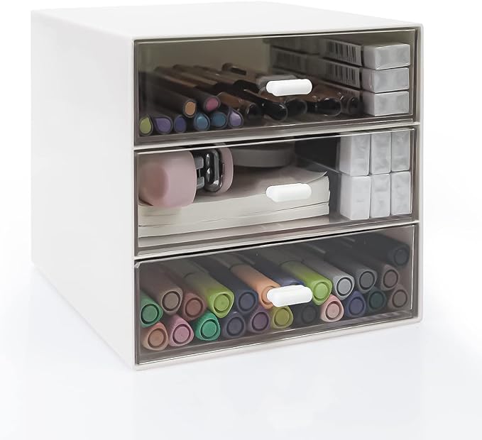 Desk Organizer with Drawer, Desk Storage Box, Plastic Office Stationery Supplies Organizers, Desktop Organizer for Office School Home (3 drawer, White)