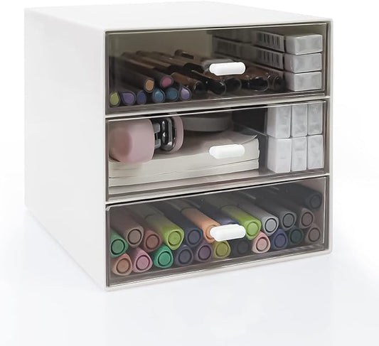 Desk Organizer with Drawer, Desk Storage Box, Plastic Office Stationery Supplies Organizers, Desktop Organizer for Office School Home (3 drawer, White)