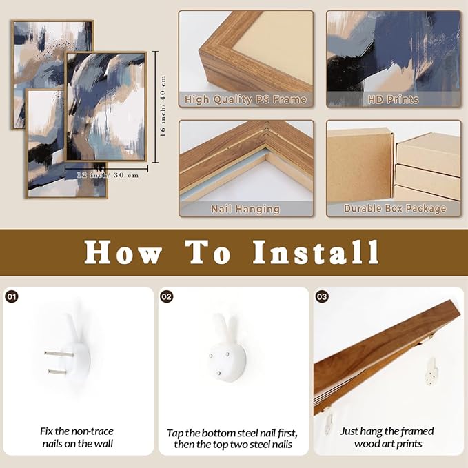 BINCUE Blue Neutral Wall Art Modern Abstract Artwork for Living Room Bedroom Office 12" Lx16 W Set of 3