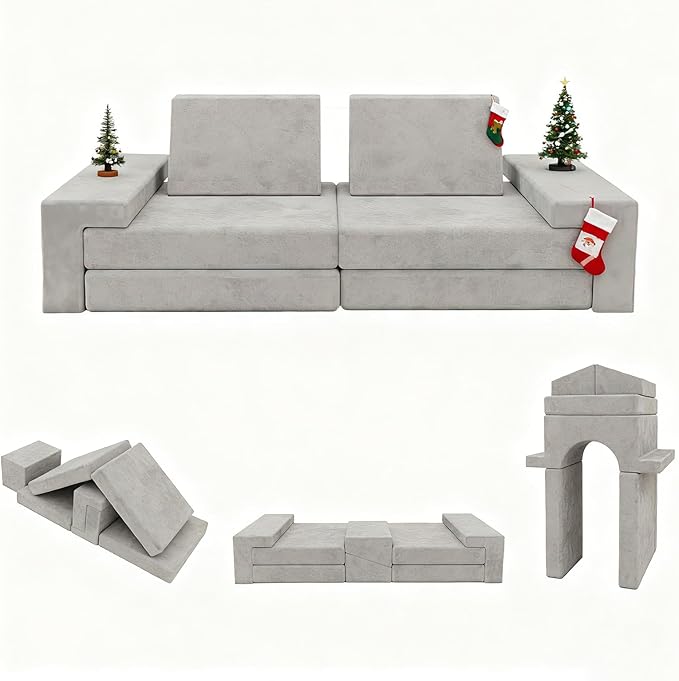 Play Couch Comfy Modular Sofa Futon Set, Convertible Folding Memory Foam Couches Versatile Floor Cushion Fort Set for Living Room Playroom Furniture (Grey)