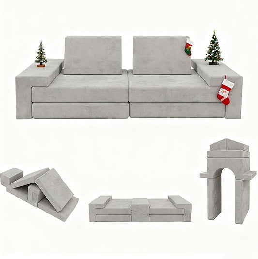 Play Couch Comfy Modular Sofa Futon Set, Convertible Folding Memory Foam Couches Versatile Floor Cushion Fort Set for Living Room Playroom Furniture (Grey)