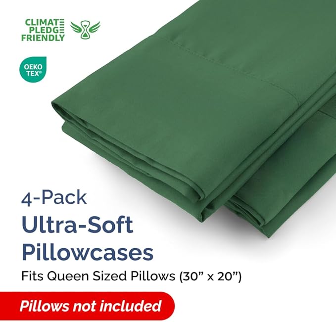 Queen Pillow Cases - 4 Pack - Super Soft Pillowcase Covers - Envelope Enclosure - Hotel Quality Pillow Protectors - Wrinkle Free, Fade & Stain Resistant - Machine Washable - 20" x 30" (Emerald Green)