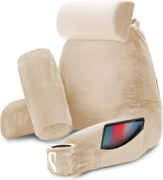 Nestl Reading Pillow with Shredded Memory Foam Includes 2 Neck and Lumber Support Pillows, Designed for Sitting Up in Bed and Couch, Back and Arms Adjustable Support for Adult & Teens, Beige Cream