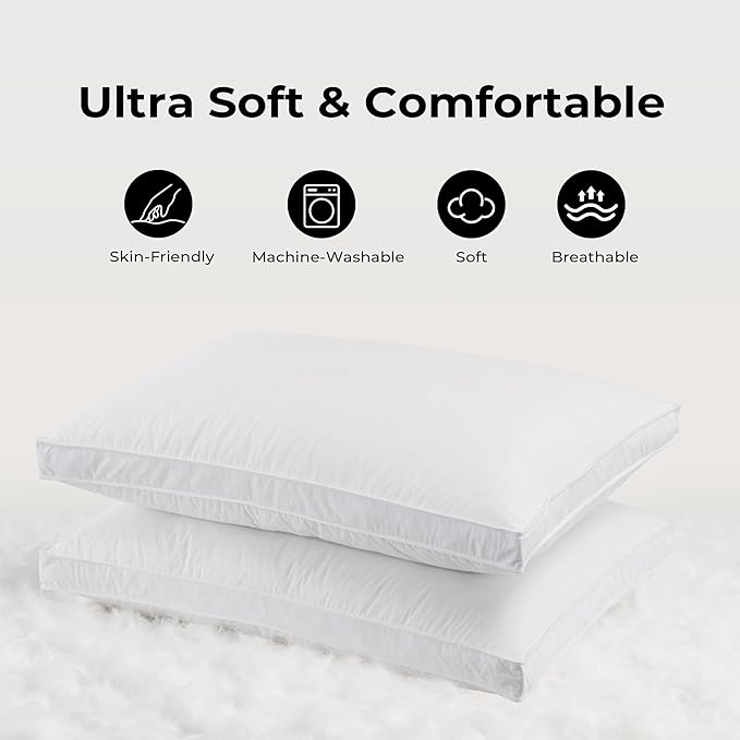 UNIKOME White Goose Down Feather Gusseted Pillows - 100% Cotton Cover - King Size Pillow Set of 2, Made in Japan Pillow for Sleeping