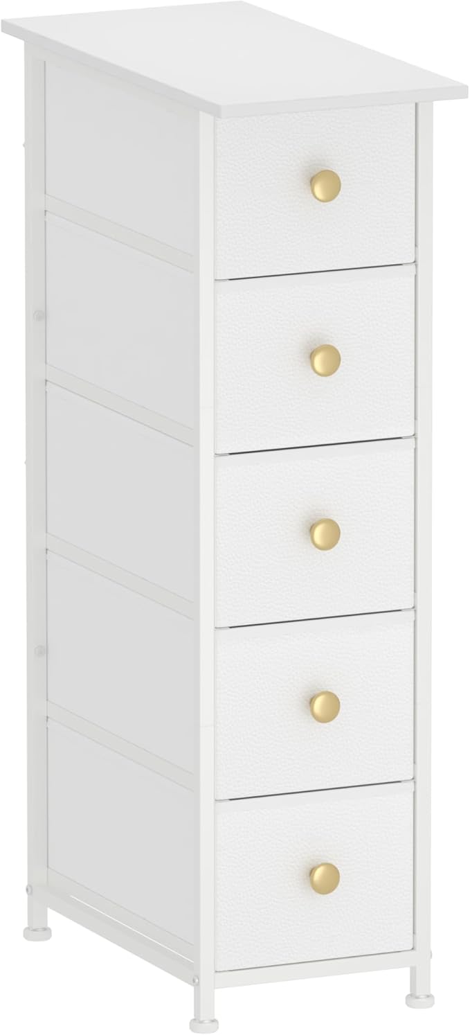 GiftGo Narrow Dresser Cabinet Vertical Slim Dresser Chest of Drawers Skinny Storage Tower for Small Spaces Gaps Closet Bedroom Bathroom Small Fabric Drawer Unit (White, 5 Drawers)