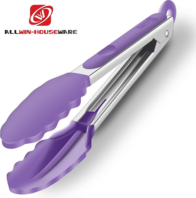 Set of 2 Kitchen Tongs 9-Inch & 12-Inch, Premium Stainless Steel BPA Free Silicone Non-Stick Grilling Barbeque Cooking Locking Food Tongs, Purple