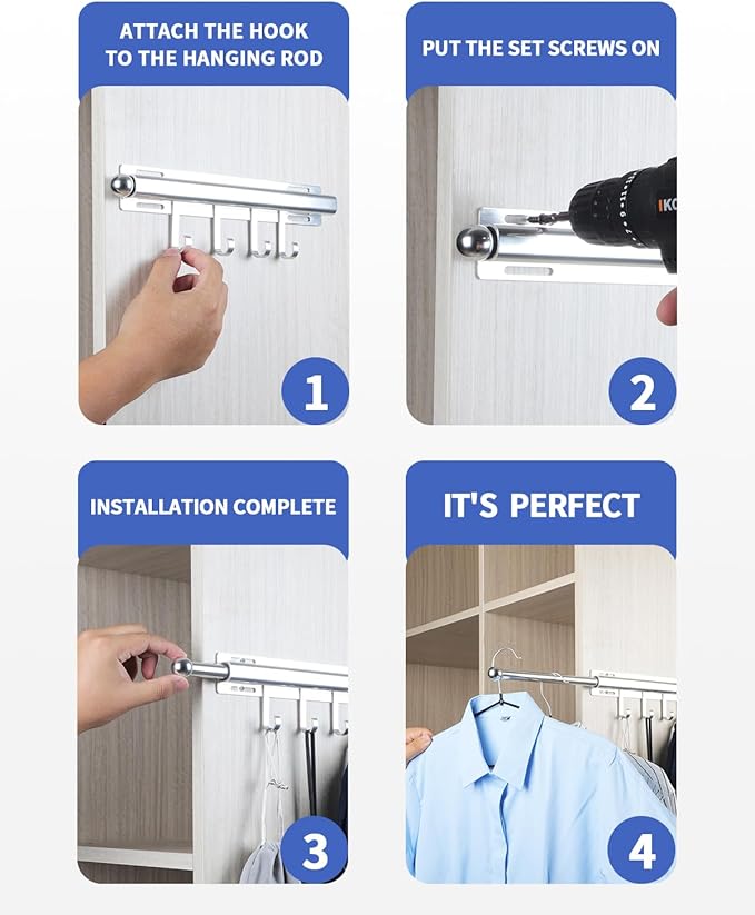 12 inch Valet Rod for Closets Pull Out Closet Valet Rod Slide Out With 4 Hooks Silver Pull Out Clothes Hanger
