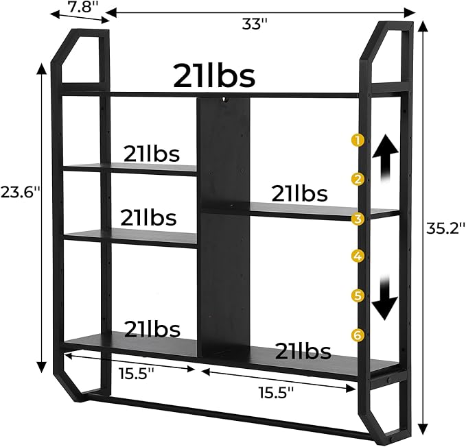 FAHKNS Gaming Floating Shelves, 35" Large LED Wall Shelves with Adjustable Tier, Wall Mounted Bookshelf with Hanging Pipe & 6 Hooks for Bedroom Gaming Room Kitchen Coffee Bar Decor, Black