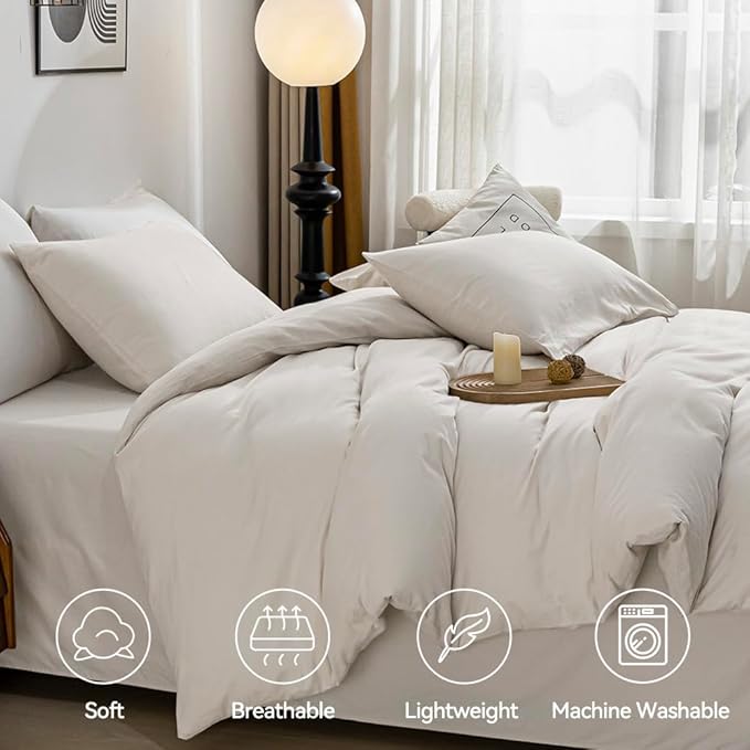JELLYMONI Beige Duvet Cover Twin Size - 100% Washed Cotton Linen Feel Textured Comforter Cover, 2 Pieces Breathable Soft Bedding Set with Zipper Closure (Beige, Twin 68"x90")