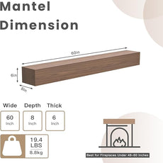 Fireplace Mantel Shelf 60 X 8 X 6 Inch, Handcrafted Solid Mantel for Over Fireplace, 6 Inch Thick Wall Mounted Floating Fireplace Mantel, Real Wood