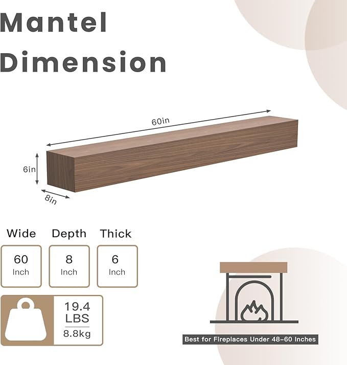 Fireplace Mantel Shelf 60 X 8 X 6 Inch, Handcrafted Solid Mantel for Over Fireplace, 6 Inch Thick Wall Mounted Floating Fireplace Mantel, Real Wood