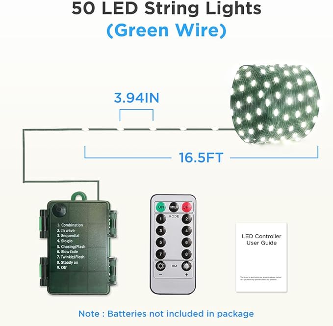 Battery Operated String Lights (1 Pack), 16.5ft 50 LED Fairy String Lights Battery Powered with Remote & Timer for Indoor Outdoor Christmas Trees Wreath Decoration Bedroom Patio - Cool White