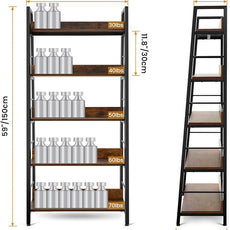 Himimi Bookshelf, Industrial Wood Bookshelves and Bookcases, Ladder Shelf 5 Tier with Metal Frame for Living Room, Bedroom, Kitchen, Home Office, Rustics Brown