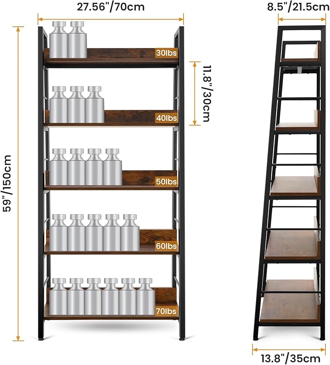 Himimi Ladder Bookshelf, 5 Shelf Bookcase Industrial Bookshelf Wood and Metal Bookshelves, Plant Flower Stand Rack Book Storage Shelves for Living Room, Bedroom, Home Office (2 PCS)