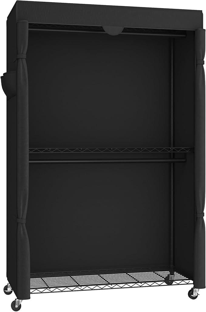 SONGMICS Heavy-Duty Rolling Clothes Rack, Garment Rack, Portable Closet, 43.3-Inch Wide Clothing Rack on Wheels, with Adjustable Mesh Shelves and Hanging Rails, Fabric Cover, Ink Black ULGR415B01