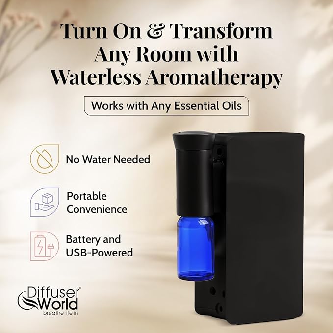 Aroma-Ace Mini Essential Oil Diffuser for Home Scent Diffusers - Portable Waterless Aromatherapy Diffusers with Rechargeable Battery, Nebulizing Atomizer Air Diffuser for Home - Black