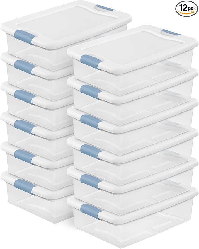 Sterilite 12-Pack Latching Box, Under Bed Storage Bins with Lids, Clear Plastic, 32 Quart - Heavy-Duty Organizing Containers for Closet, Bathroom, and Office