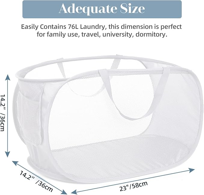 Strong Mesh Pop Up Laundry Basket, Collapsible Laundry Hamper with Side Pocket, Foldable Clothes Pop Up Hamper with Durable Reinforced Handles for Laundry, Bathroom, Kids Room, Dorm or Travel White