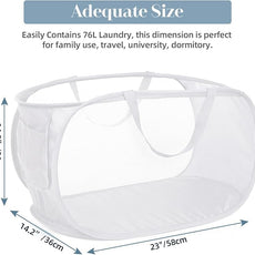 Strong Mesh Pop Up Laundry Basket, Collapsible Laundry Hamper with Side Pocket, Foldable Clothes Hamper with Durable Reinforced Handles for Laundry, Bathroom, Kids Room, Dorm or Travel 2 Pack White