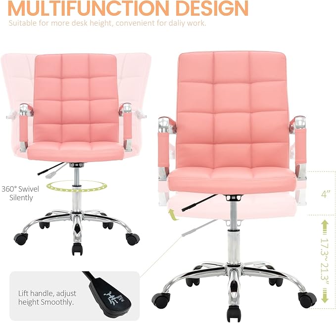 High Back Desk Chair, Modern PU Leather Home Office Task Chair with Arms, Adjustable Swivel Computer Executive Chair with Wheels (Pink)