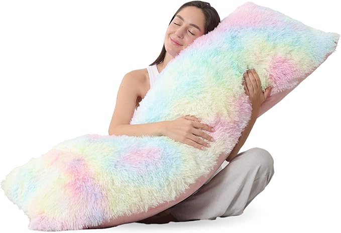 ZonLi Fluffy Faux Fur Rainbow Body Pillow,Adjustable Memory Foam Fill with Washable Cover，20x54 Long Pillow for Adults Girls & Kids, Side Sleep Body Pillow