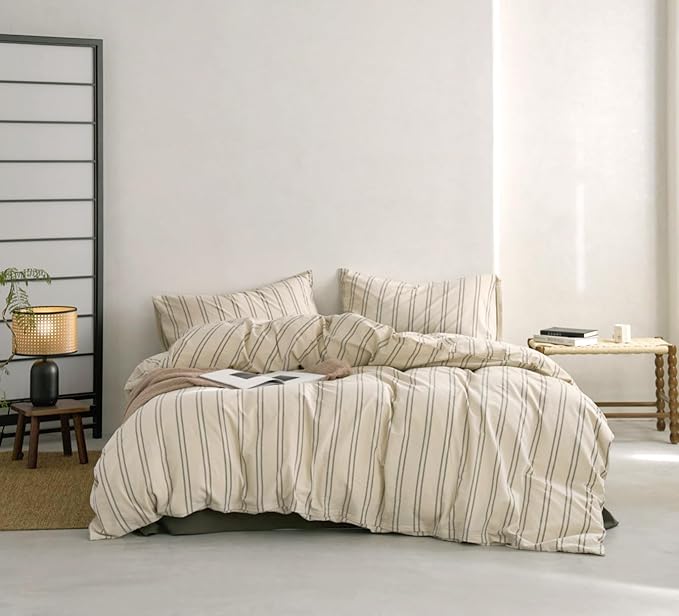 VM VOUGEMARKET Striped Duvet Cover Set Queen Beige 100% Washed Cotton Bedding Set,Grey Vertical Ticking Stripes Pattern Comforter Cover with Zipper Closure (3pcs, Queen Size)