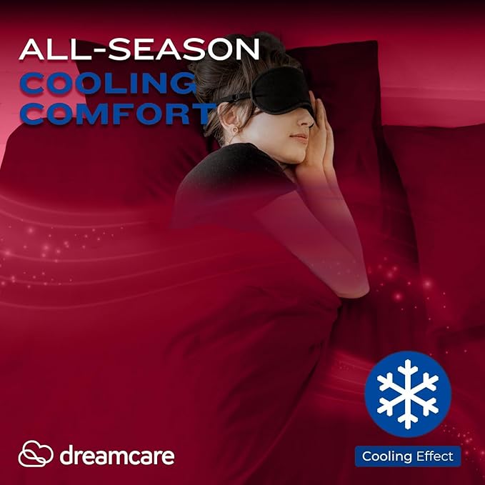 DREAMCARE Full Size Cooling Sheets - 4pcs Set - Soft & Long Lasting 100% Fine Brushed Polyester with Side Pocket - Burgundy DREAMCARE
