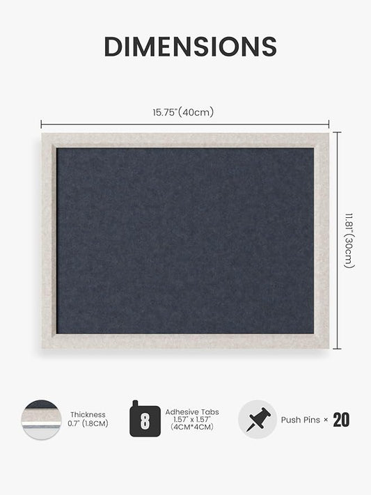 Felt Cork Board Alternative, Felt Bulletin Board 16" x 12" Oatmeal Frame with 8 Adhesive Tabs, Pin Board for Home Office, Classroom, Entryway, Kitchen Wall Decor—Navy Blue