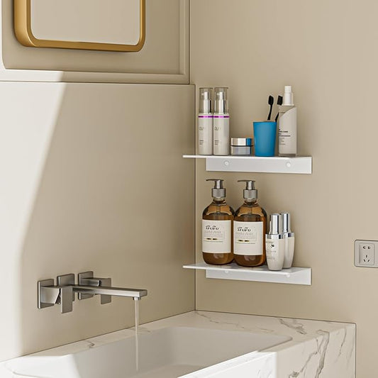 Metal Floating Shelf 2-Piece Set - Rust-Resistant Aluminum Wall Shelves - No Drill Wall Mounted Shower Caddy, Ideal for Display & Storage in Any Room (11.8", White)