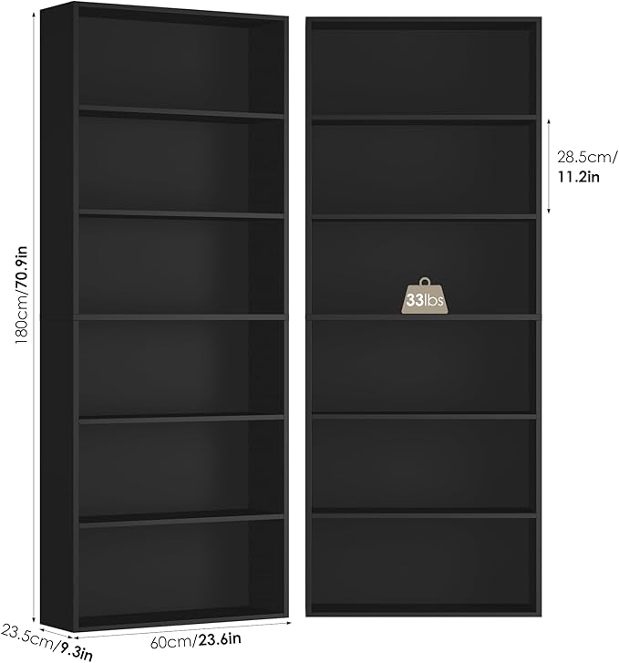 FOTOSOK 6-Tier Open Bookcase and Bookshelf Set of 2, Freestanding Display Storage Shelves Tall Bookcase for Bedroom, Living Room and Office, Black
