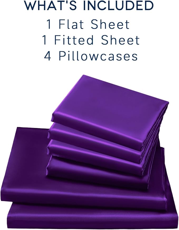 Satin Sheets King Size - 6 Pieces Luxury Silky Soft Bed Sheets, Wrinkle-Free Dark Purple Satin Silk Sheet Set with 1 Deep Pocket Fitted Sheet, 1 Flat Sheet, 4 Pillow Cases