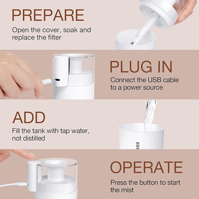 Portable Mini Humidifier, 180ml USB Cool Mist Small Humidifiers for Bedroom, Personal Desktop Humidification for Car Office Travel & Indoor Plants(White)