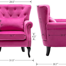 Mid Century Accent Chair Modern Button Tufted Armchair Wingback Club Chair Velvet Single Sofa Lounge Chair with Pillow for Living Room Bedroom, Rose Pink