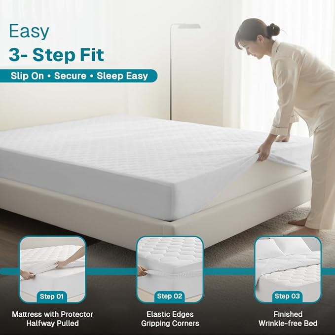 FABDREAMS Organic Quilted Mattress Protector Full Size | Mattress Pad| Mattress Cover| Naturally Breathable | Noiseless| Fits up to 17" Deep Pockets| Temperature Regulating | Full | White