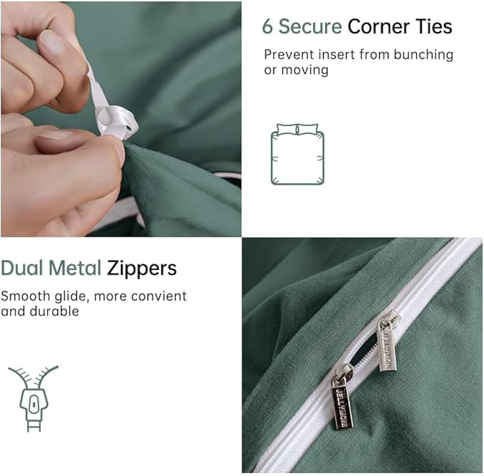 JELLYMONI Dark Green Bedding Duvet Cover Set - 100% Washed Cotton Linen Like Textured California King Comforter Cover, 3 Pieces Soft Bedding Set with Zipper Closure (Dark Green, Cal King 104"x98")
