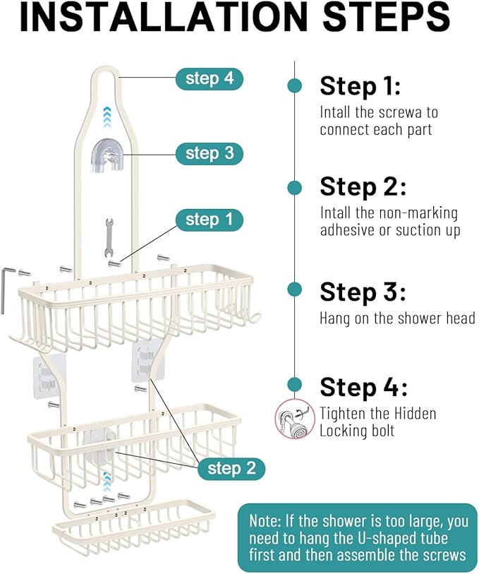 Shower Caddy Hanging - Never Rust Shower Hanging Organizer - Aluminum Over the ShowerHead Caddy with Soap Basket and 6 Hooks for Razor/Sponge (Milky White)