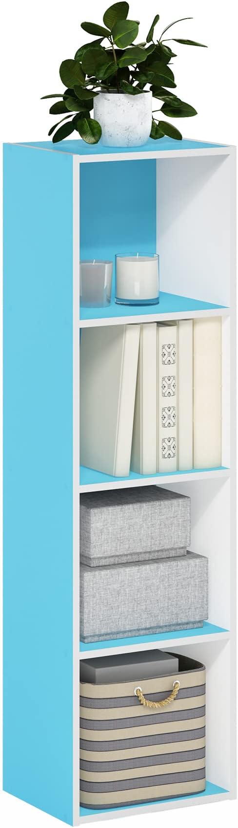 Furinno PASIR Book Shelf, 4-Tier Modern Bookshelf, Open Shelves Bookcase 9 x 12 x 42, for Living Room, Bedroom, Home Office, Light Blue/White