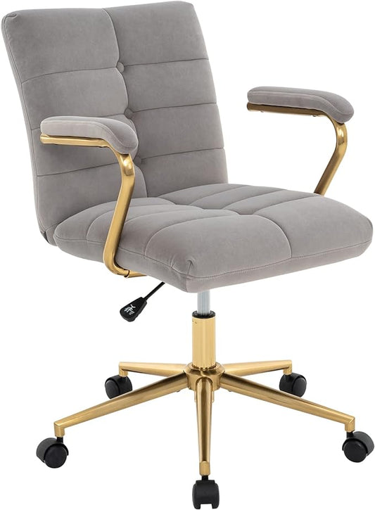 Velvet Home Office Desk Chair, Upholstered Adjustable Swivel Task Chair with Wheels, Tufted Mid-Back Computer Chair with Arms, for Study Living Room Vanity (Grey, Gold Base)