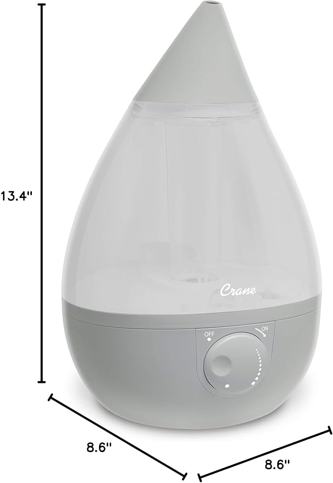 Crane Ultrasonic Teardrop Cool Mist Humidifier, Large 1 Gal Tank, Automatic Shut-Off, Baby Humidifiers for Nursery and Bedroom, Grey
