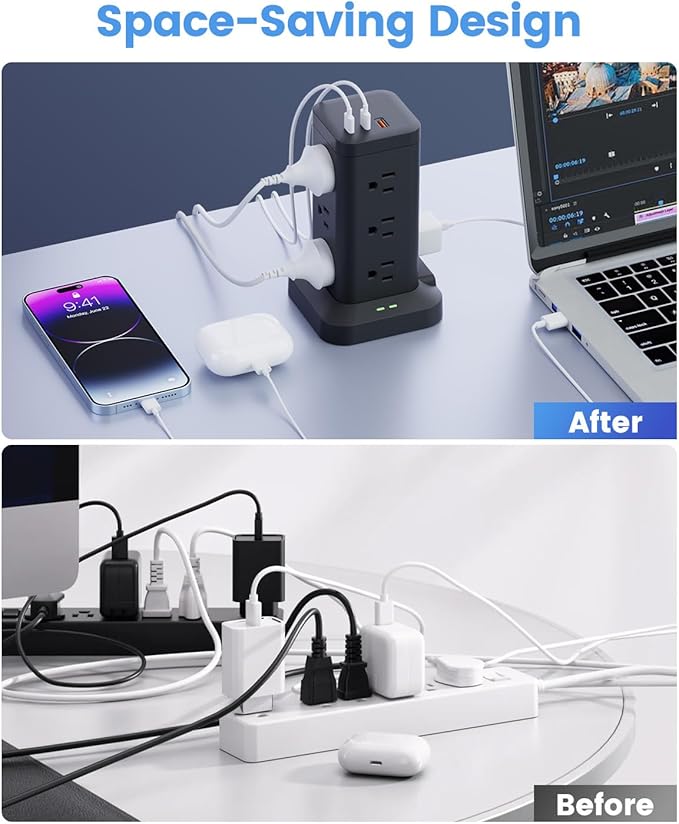 Power Strip Tower with Surge Protector 1800J, Fast Charging Tower PD20W USB-C Ports with 12 AC Outlets, 6ft Extension Cord for Home Office Dorm Room, Black