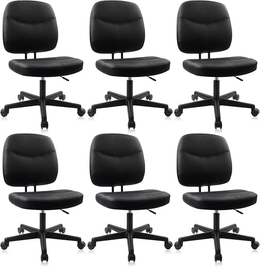 CLATINA Armless Home Office Chair, Small PU Leather Ergonomic Low Back Desk Chair with Lumbar Support and Wheels, Adjustable Height 360° Swivel Rolling Computer Task Chair, Black, 6 Pack