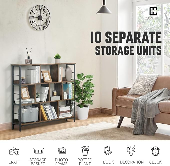 CAPHAUS 10 Cube Storage Organizer, 48” Wide 3 Tier Rustic Oak Industrial Open Shelf Bookcase, Display Shelf, Horizontal Bookshelf with Metal Frame, Wooden Board, for Living Room, Bedroom, Office
