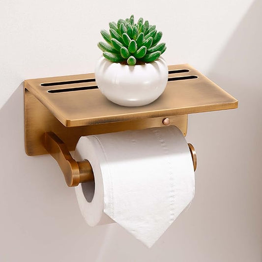 Toilet Paper Holder with Shelf, Aluminum Tissue Roll Dispenser with Mobile Phone Storage Shelf for Bathroom, 3M Self Adhesiv or Wall-Mounted with Screws, Antique Brass