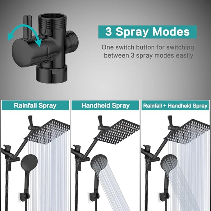 Shower Head 10‘’ High Pressure Rainfall Shower Head/Handheld Shower Combo with 11'' Extension Arm, 9 Settings Anti-leak Head with Holder, Height/Angle Adjustable, Chrome, Matte Black