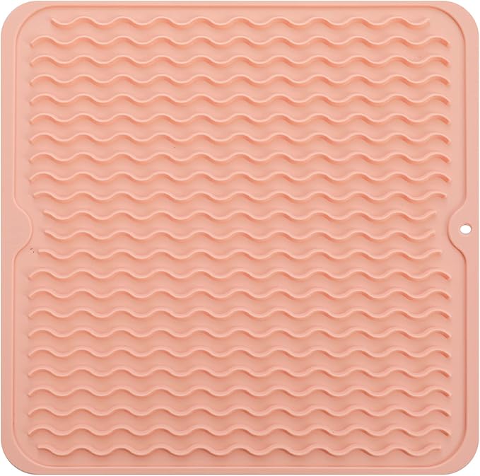 Silicone Dish Drying Mat for Multiple Usage,Easy clean,Eco-friendly,Heat-resistant Silicone Mat for Kitchen Counter or Sink,Refrigerator or Drawer liner Pink M 12 inches x 12 inches