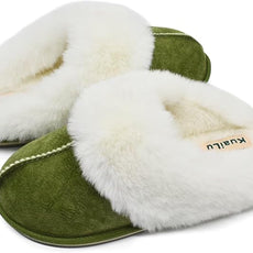 KuaiLu Womens Fluff Dual Memory Foam Slippers Ladies Cozy Arch Support Warm Scuff Slippers Slip on Comfy Winter House Shoes with Non-Slip Indoor Outdoor Hard Sole