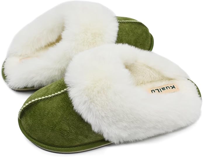 KuaiLu Womens Fluff Dual Memory Foam Slippers Ladies Cozy Arch Support Warm Scuff Slippers Slip on Comfy Winter House Shoes with Non-Slip Indoor Outdoor Hard Sole