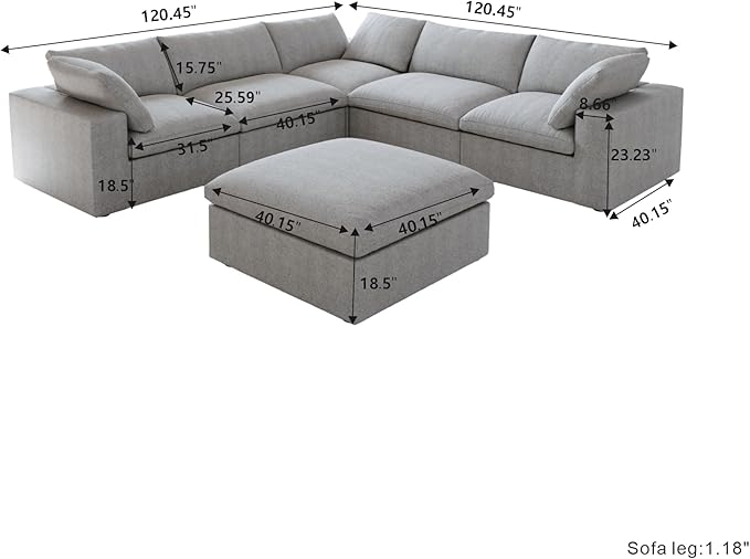 Cloud Modular Sectional Sofa Couch,Oversized Couch 6 Seater for Living Room,160.6" V Shaped Convertible Couches with Storage Ottoman, Covers Washable&Replaceable,Gray